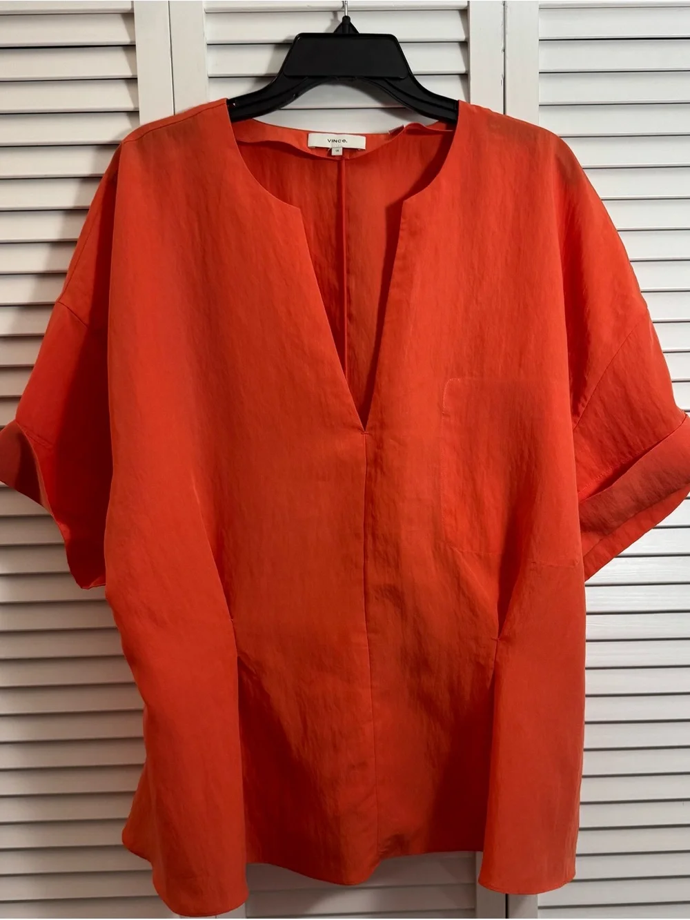 $295 Vince Women's Orange Cuffed Cotton V-Neck Blouse Top Size XL